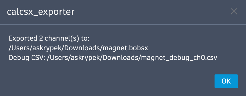 Confirmation dialog showing the exported magnet.bobsx file path.