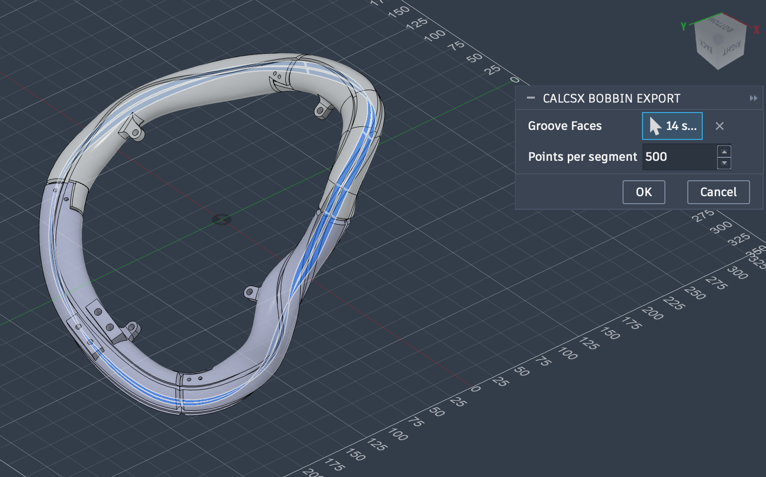 The CalcSX Bobbin Export dialog open in Fusion 360, with groove faces highlighted in blue along a bobbin model.